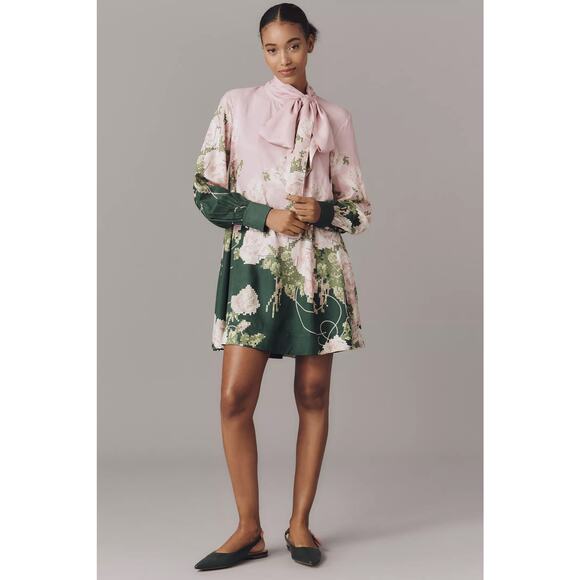 nwt ANTHROPOLOGIE MAEVE sz PL The Caroline Tie-Neck Dress pink floral - Picture 2 of 4